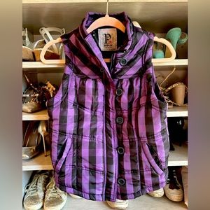 Purple and black quilted puffer vest with buttons - great fall layering piece